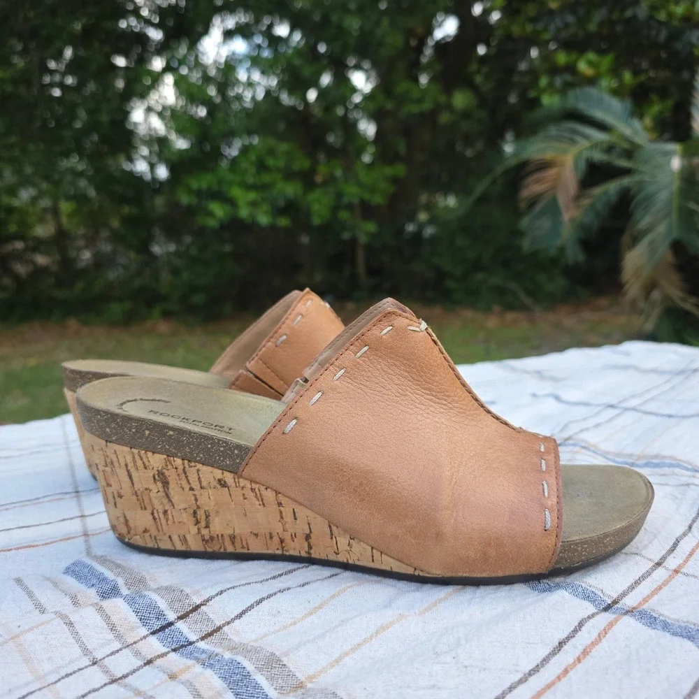 Rockport Total Motion Leather‎ Slides Wedges Sandals Size 9 Women's Brown